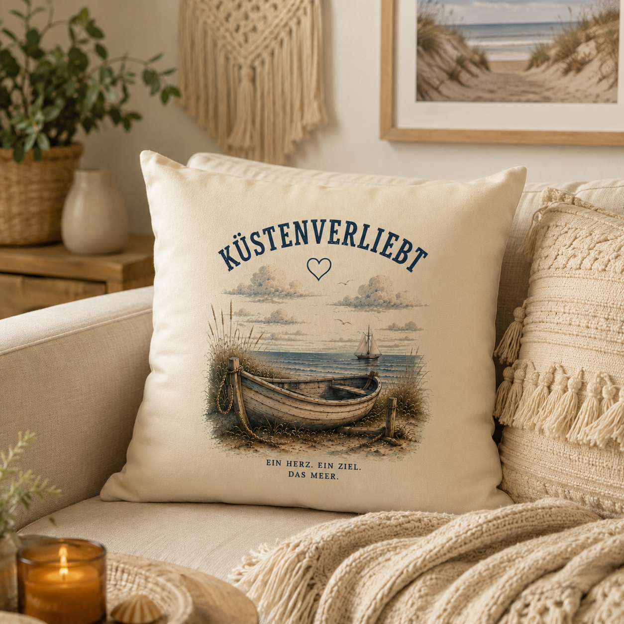 Küstenverliebt Dekokissen 40x40 cm – Zuhause ist, wo das Meer ist