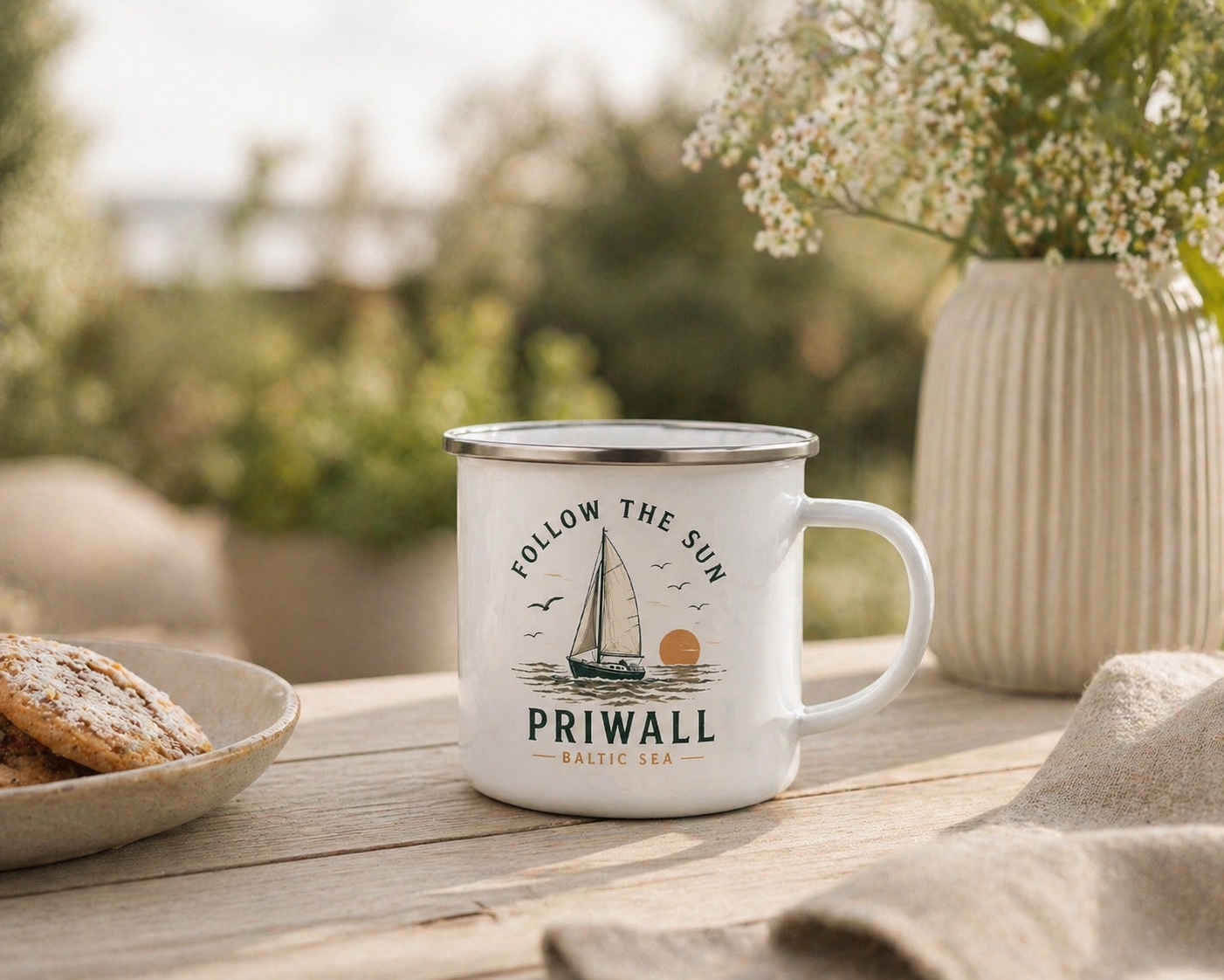 Follow the Sun Camping Tasse – Priwall Ostsee – Emaille Becher