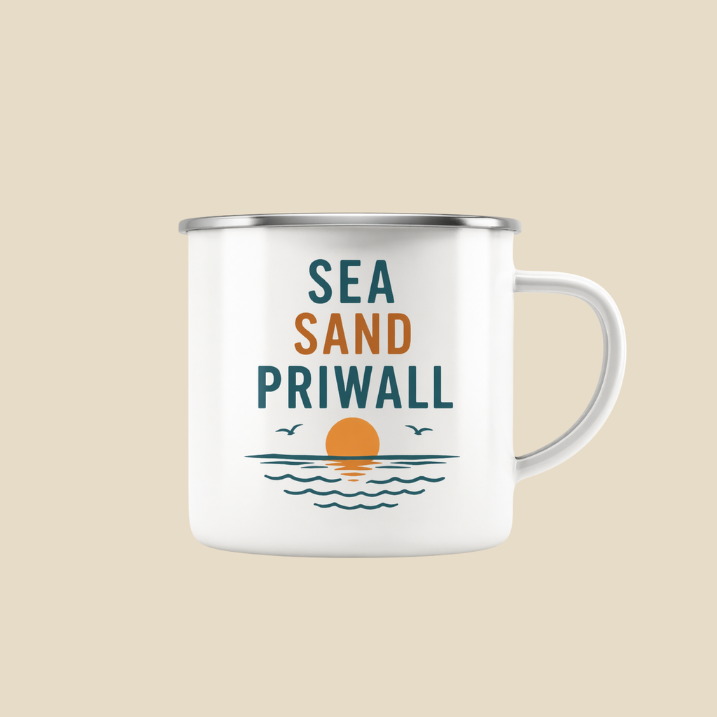 Priwall Vibes Emaille Tasse – Sea Sand Baltic Coast – Camping Becher Ostsee