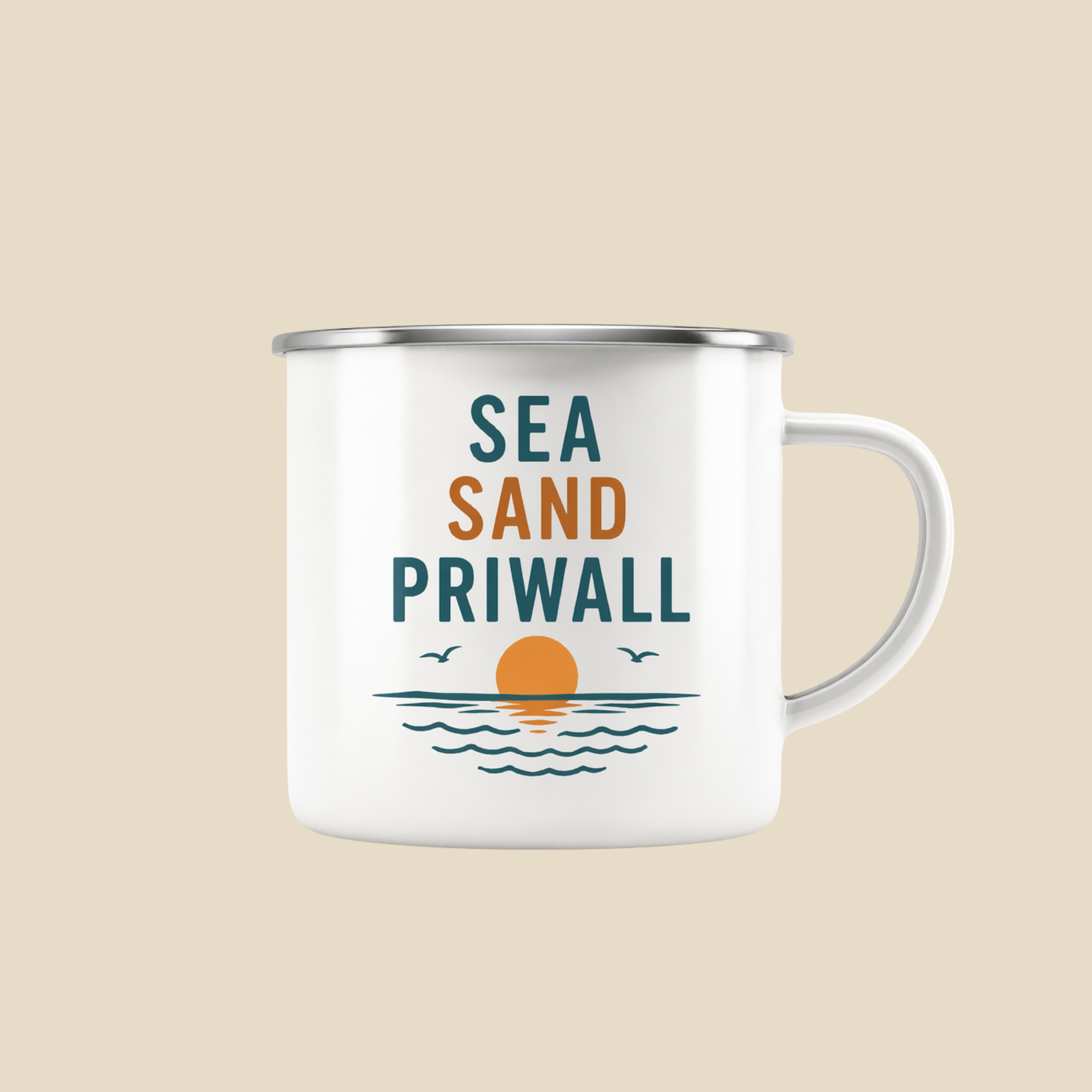 Priwall Vibes Emaille Tasse – Sea Sand Baltic Coast – Camping Becher Ostsee