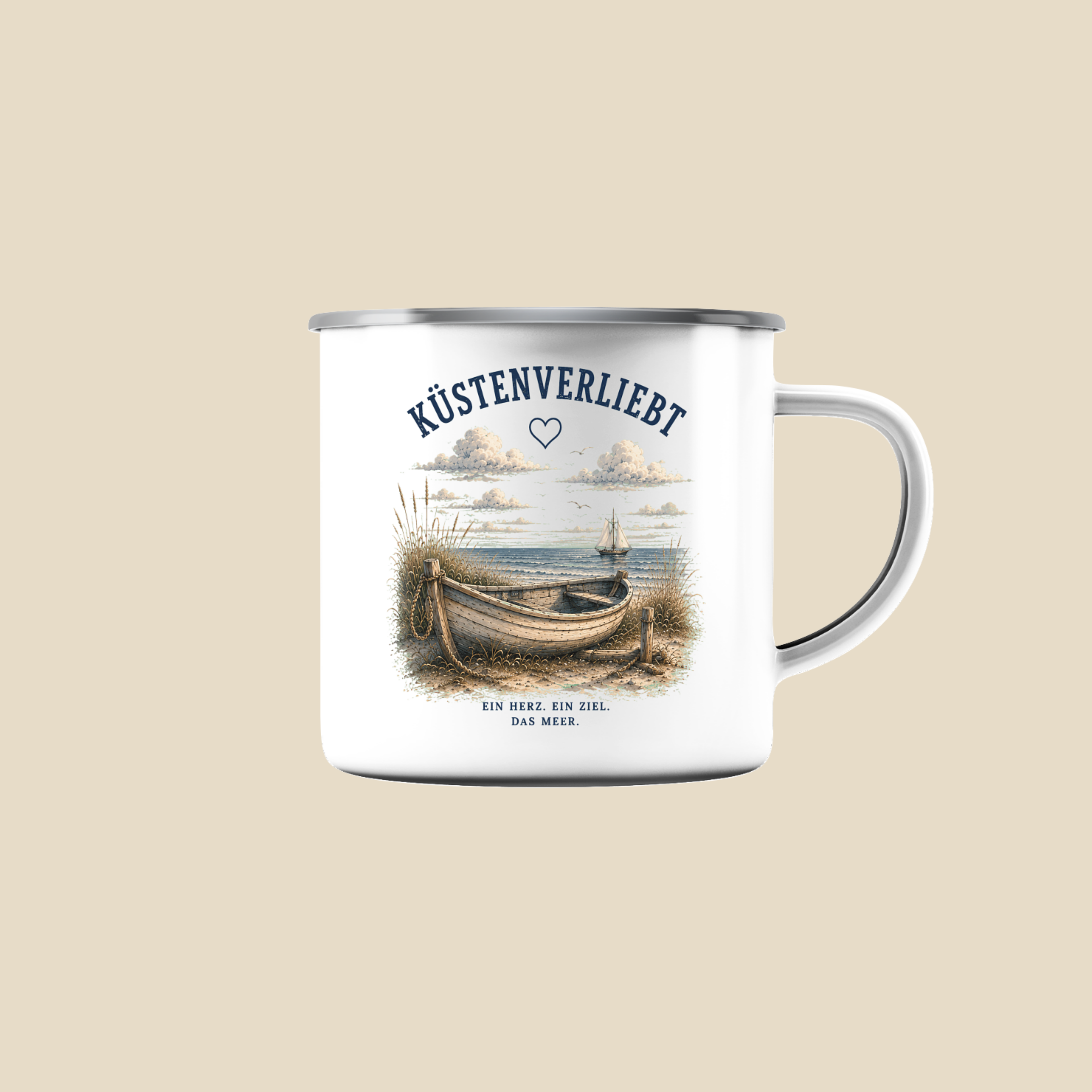 Küstenverliebt Emaille Tasse – Zuhause ist, wo das Meer ist | Campingbecher Küste