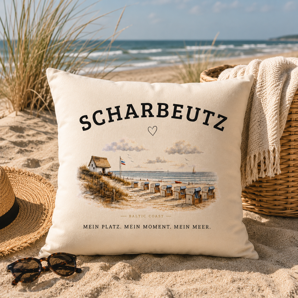 Scharbeutz Kissen 40x40 – Strandhaus am Meer – Ostsee Dekokissen mit Füllung