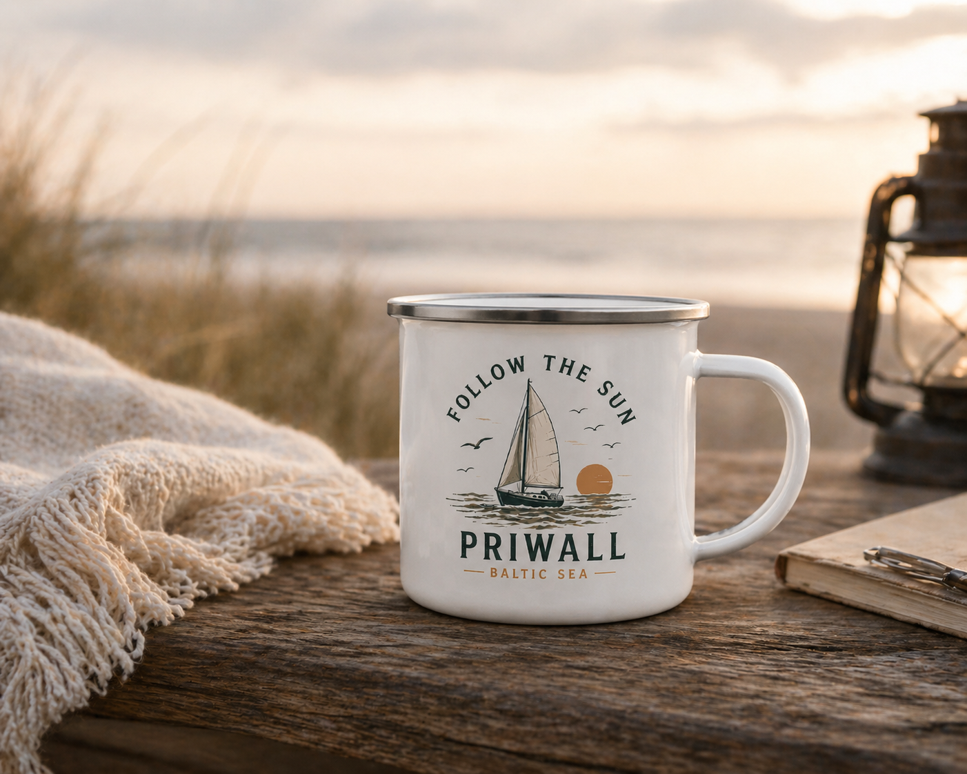 Follow the Sun Camping Tasse – Priwall Ostsee – Emaille Becher