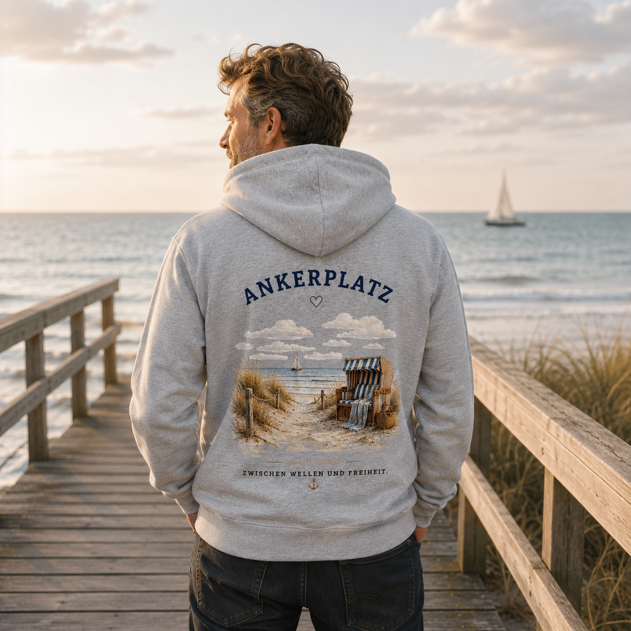 Ankerplatz Hoodie – Küstengefühl Sea & Soul – Bio Hoodie mit Rückenprint