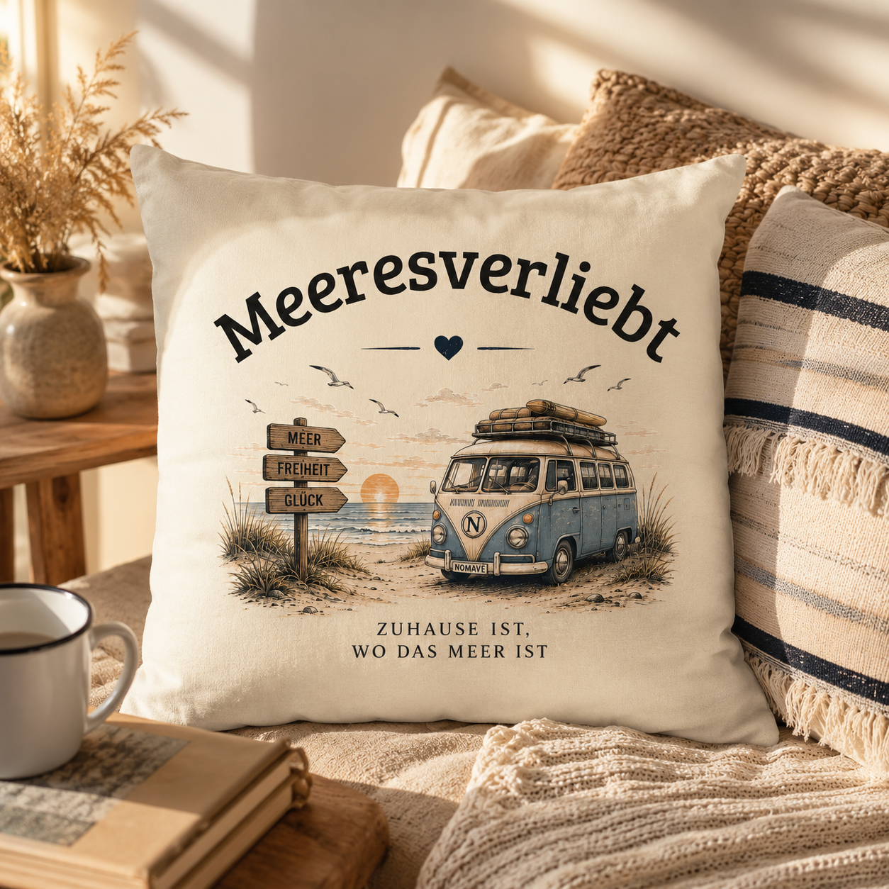 Meeresverliebt Deko Kissen Bulli Vanlife Camping – Küstengefühl 40x40 cm