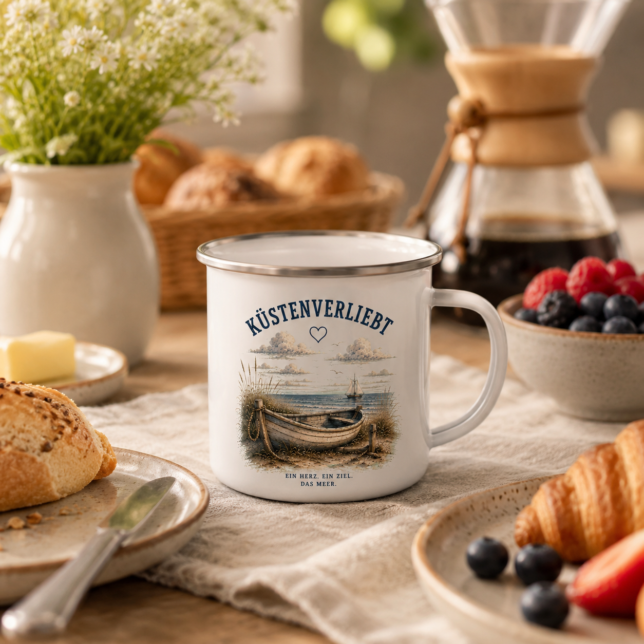 Küstenverliebt Emaille Tasse – Zuhause ist, wo das Meer ist | Campingbecher Küste