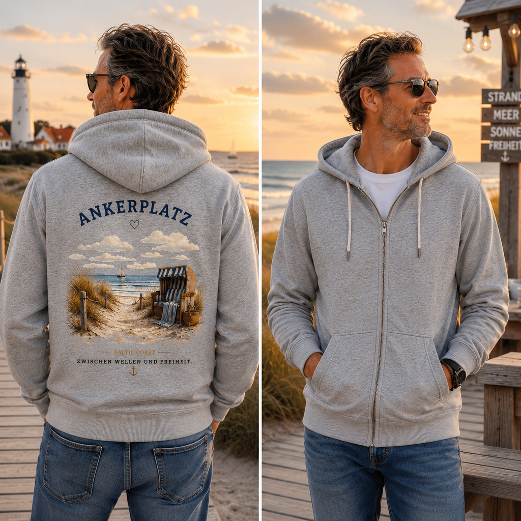 Ankerplatz Zipper Hoodie – Küstengefühl – Organic Unisex Zip Hoodie