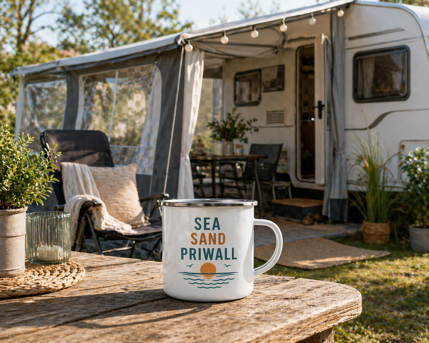 Priwall Vibes Emaille Tasse – Sea Sand Baltic Coast – Camping Becher Ostsee