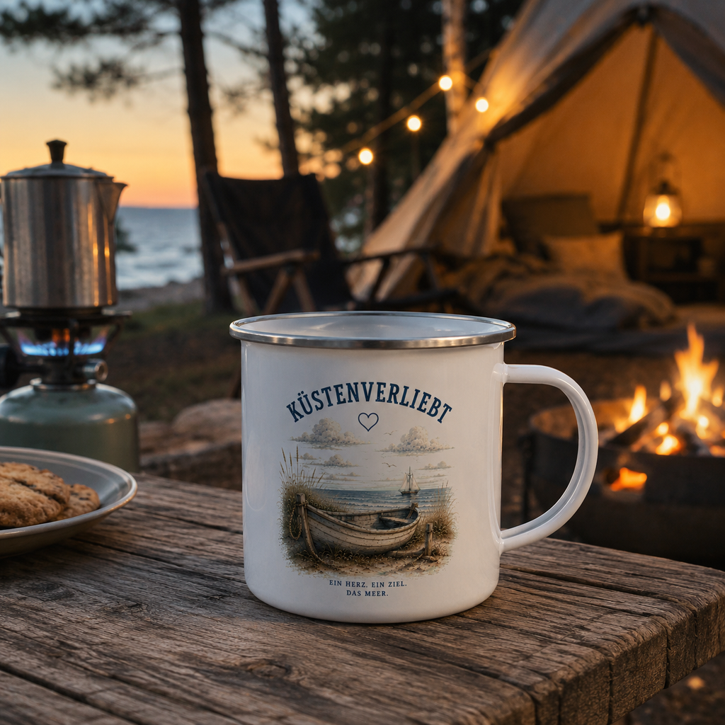 Küstenverliebt Emaille Tasse – Zuhause ist, wo das Meer ist | Campingbecher Küste