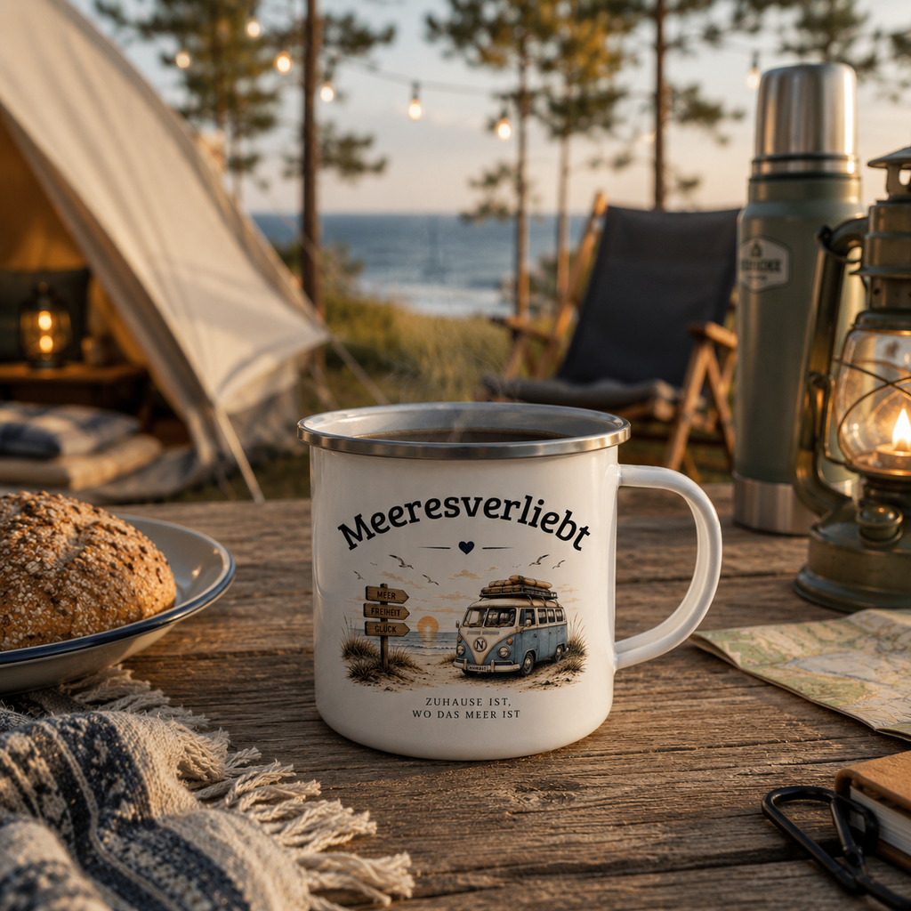 Meeresverliebt Emaille Tasse Bulli Vanlife Camping – Outdoor Becher Küstengefühl