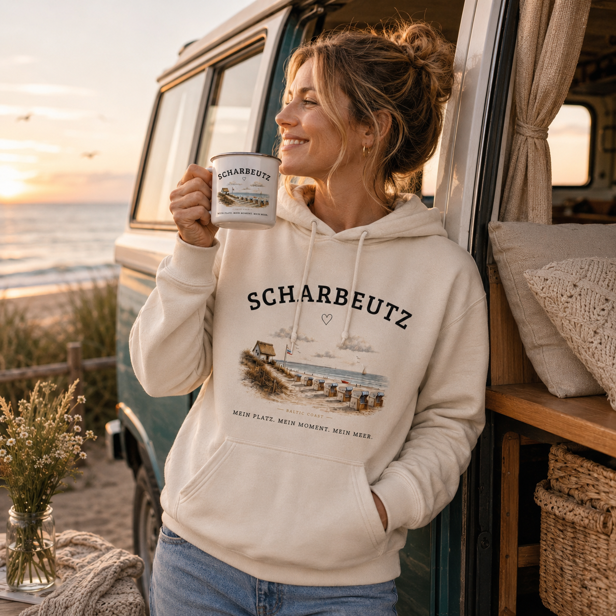 Scharbeutz Emaille Tasse – Strandhaus am Meer – Ostsee Camping Becher