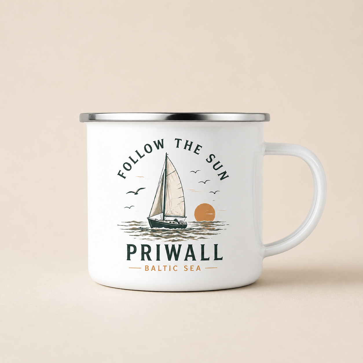 Follow the Sun Camping Tasse – Priwall Ostsee – Emaille Becher