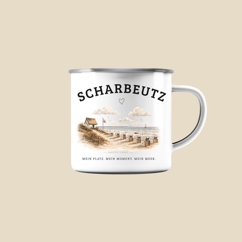 Scharbeutz Emaille Tasse – Strandhaus am Meer – Ostsee Camping Becher