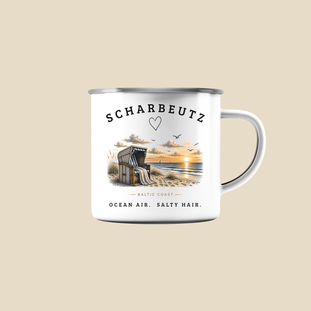 Scharbeutz Ostsee Emaille Becher – Strandkorb Sonnenuntergang