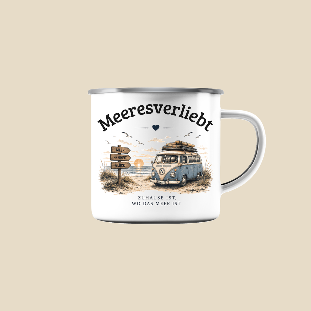 Meeresverliebt Emaille Tasse Bulli Vanlife Camping – Outdoor Becher Küstengefühl