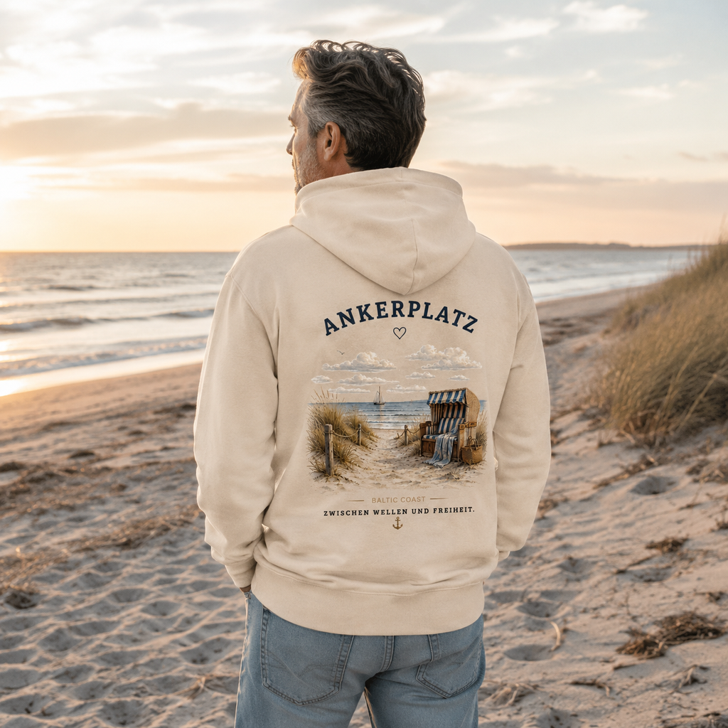 Ankerplatz Hoodie – Küstengefühl Sea & Soul – Bio Hoodie mit Rückenprint