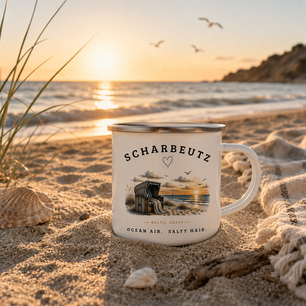 Scharbeutz Ostsee Emaille Becher – Strandkorb Sonnenuntergang