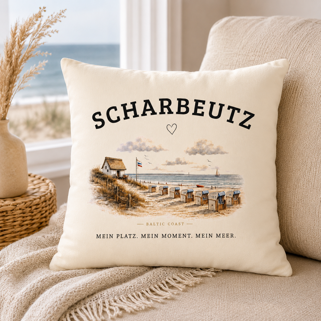 Scharbeutz Kissen 40x40 – Strandhaus am Meer – Ostsee Dekokissen mit Füllung