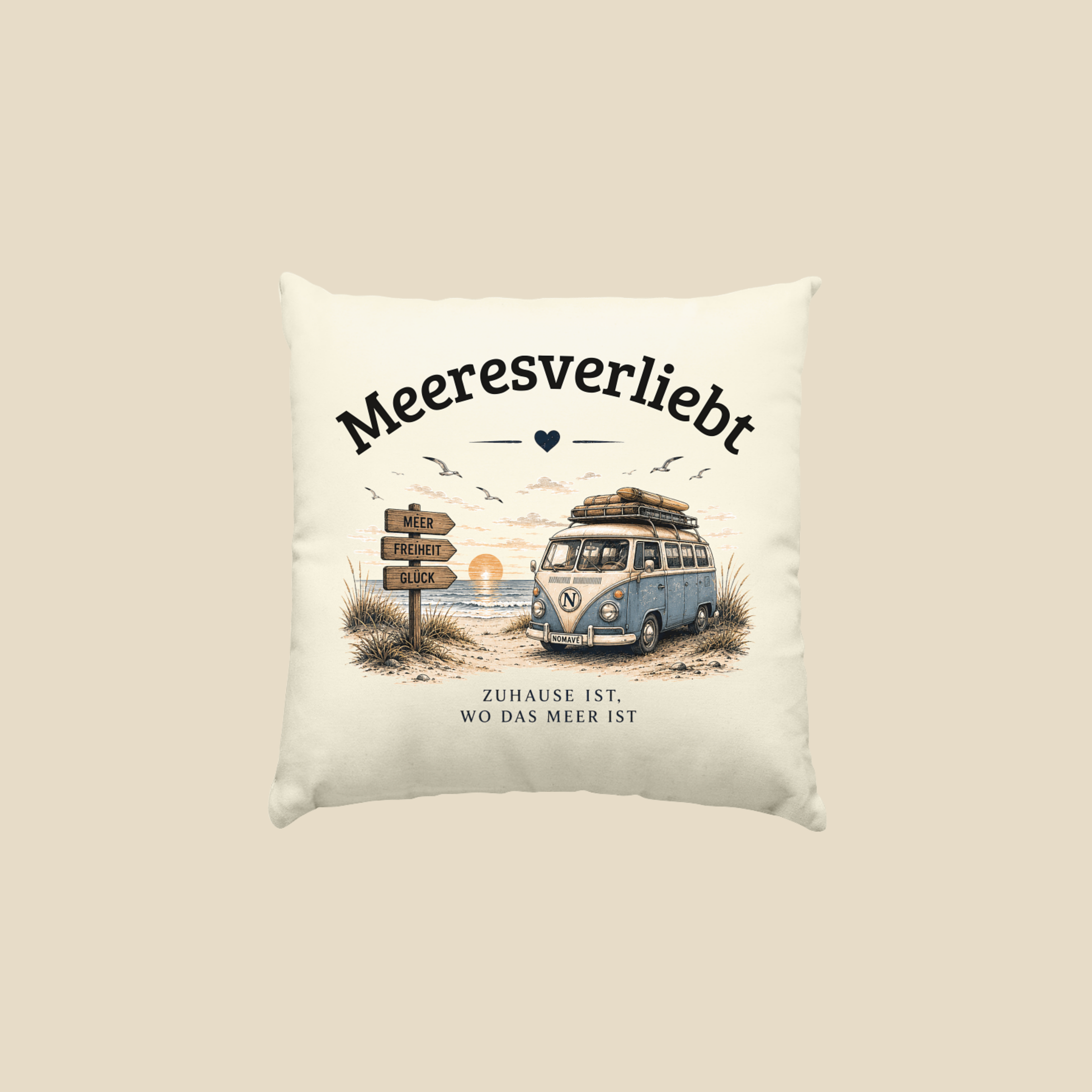 Meeresverliebt Deko Kissen Bulli Vanlife Camping – Küstengefühl 40x40 cm