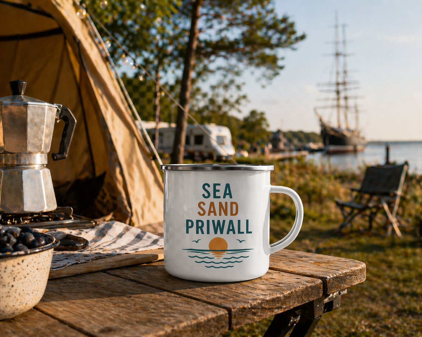 Priwall Vibes Emaille Tasse – Sea Sand Baltic Coast – Camping Becher Ostsee