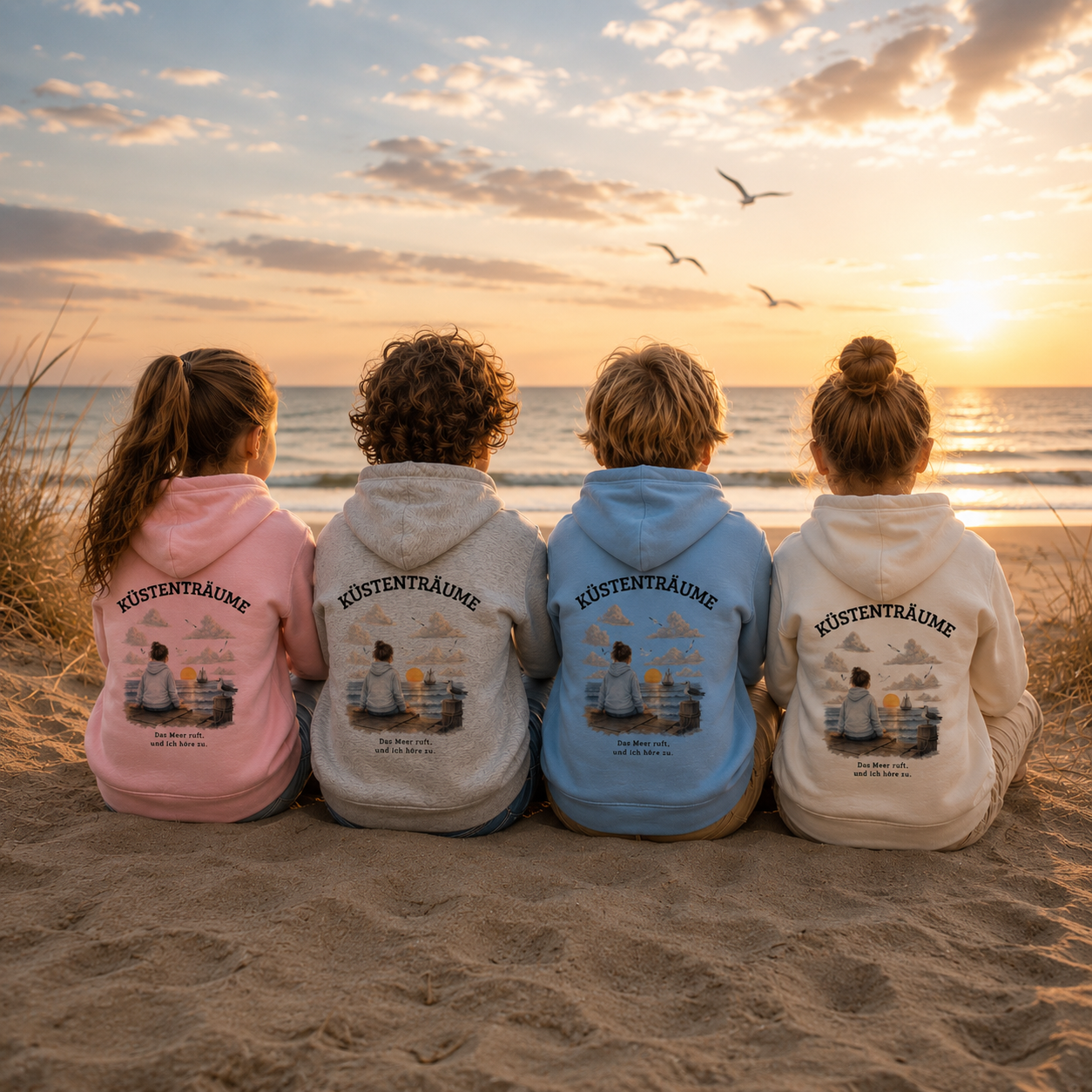 Küstenträume Kinder Bio-Kapuzenpullover mit Küstenmotiv