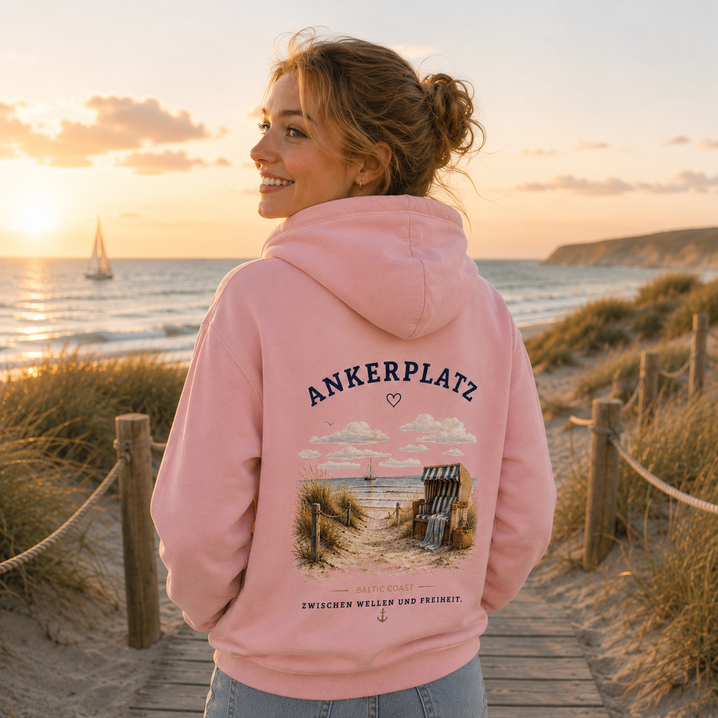 Ankerplatz Hoodie – Küstengefühl Sea & Soul – Bio Hoodie mit Rückenprint
