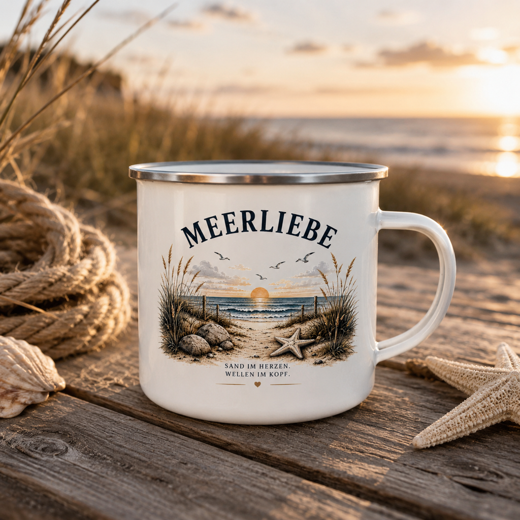 Meerliebe Emaille Becher – Küstengefühl Sea & Soul – Maritime Campingtasse