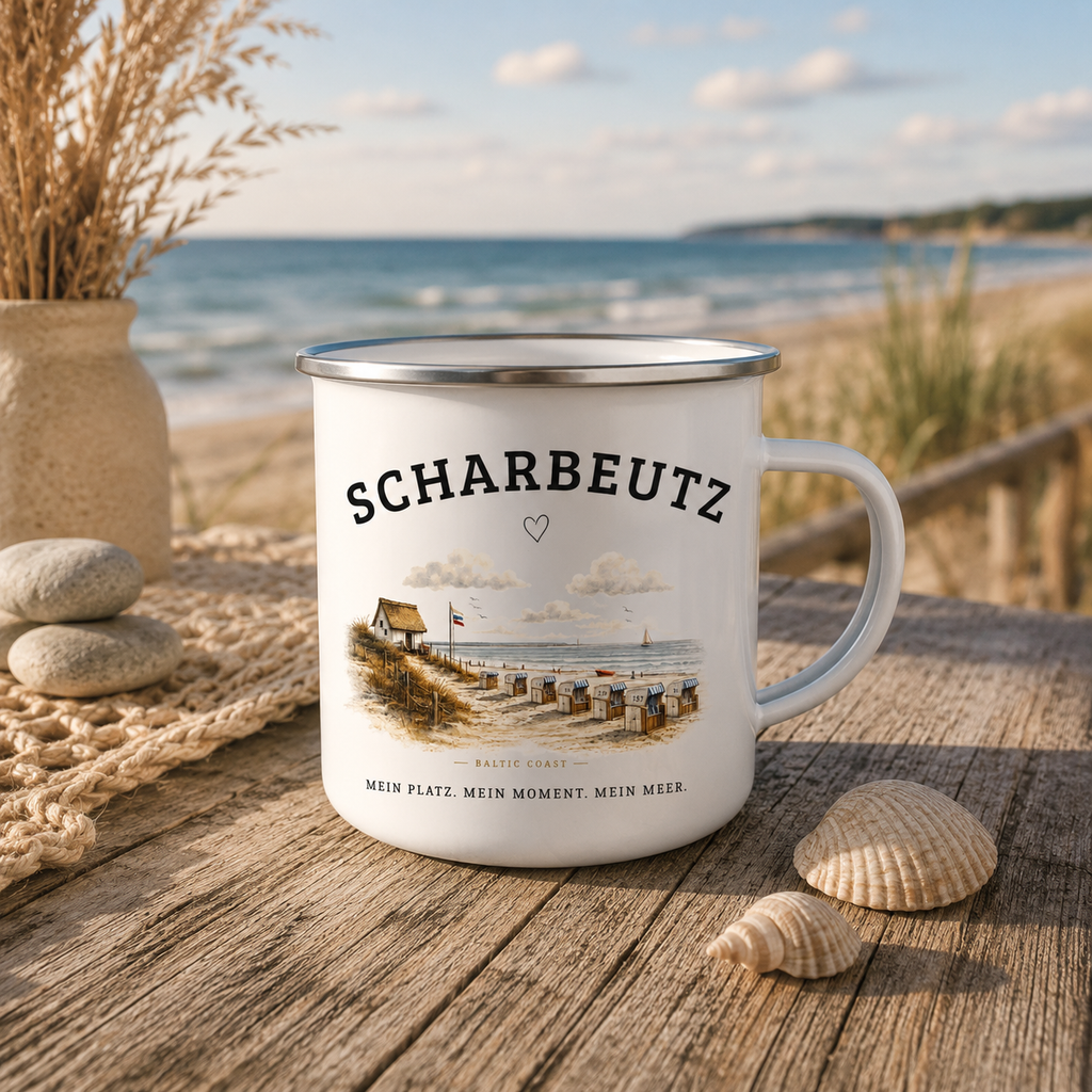 Scharbeutz Emaille Tasse – Strandhaus am Meer – Ostsee Camping Becher