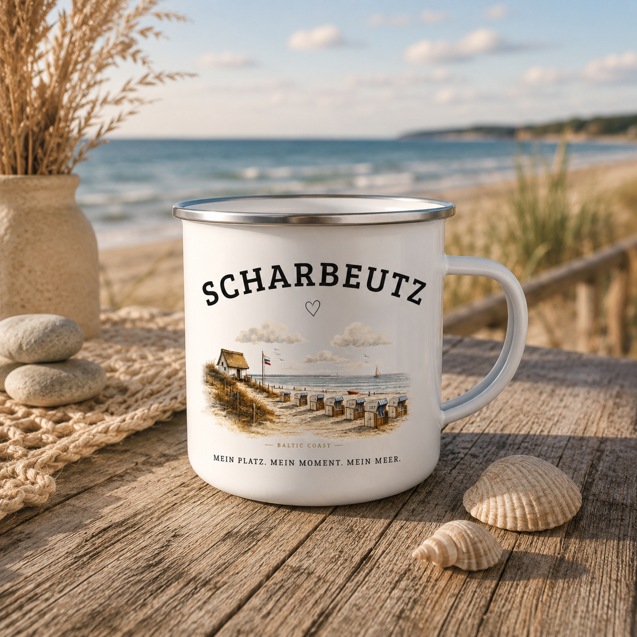 Scharbeutz Emaille Tasse – Strandhaus am Meer – Ostsee Camping Becher