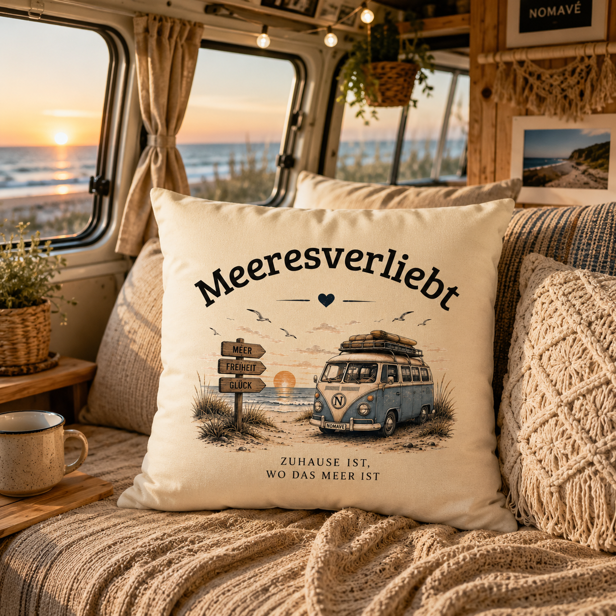 Meeresverliebt Deko Kissen Bulli Vanlife Camping – Küstengefühl 40x40 cm
