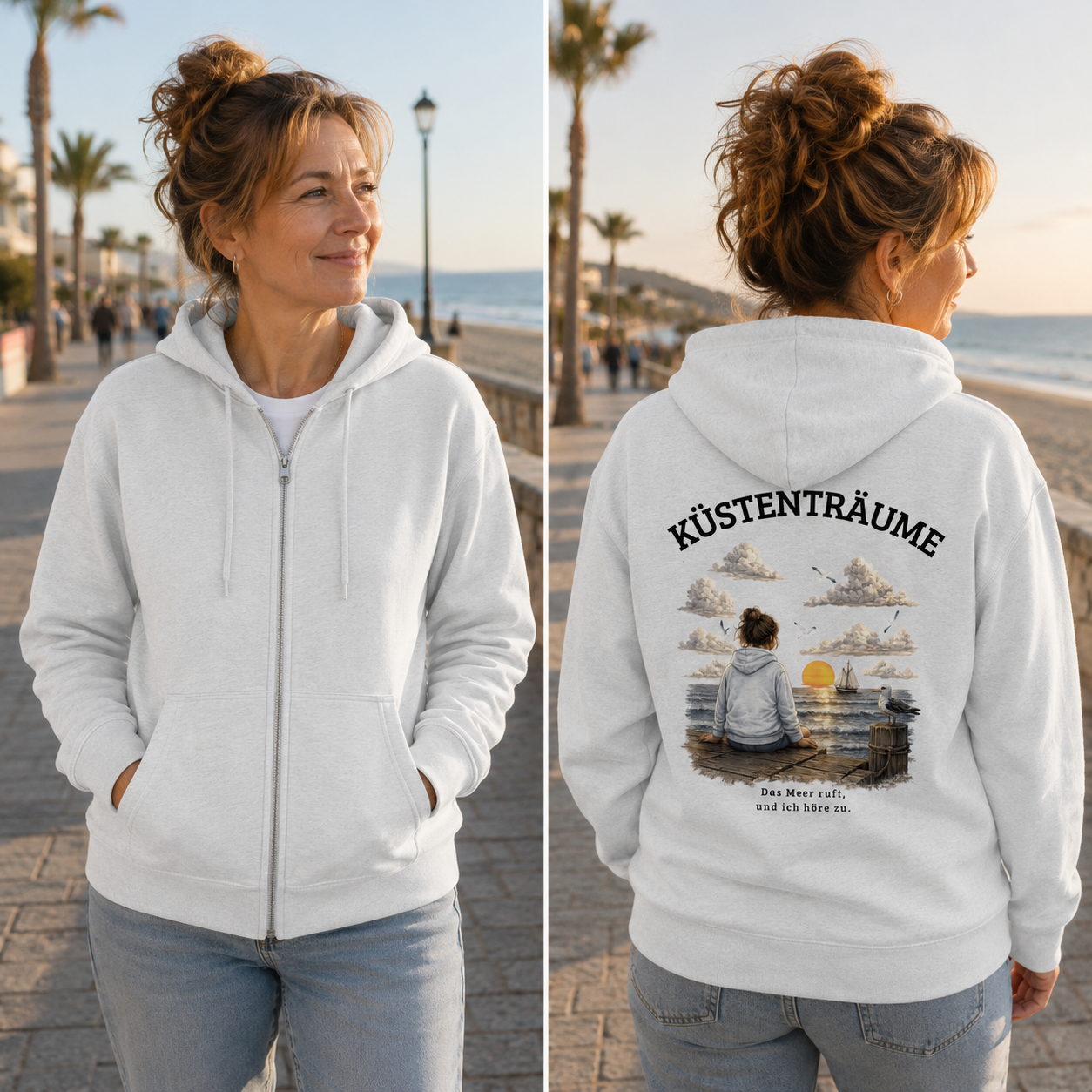 Küstenträume – Bio-Kapuzenjacke mit Küstenmotiv