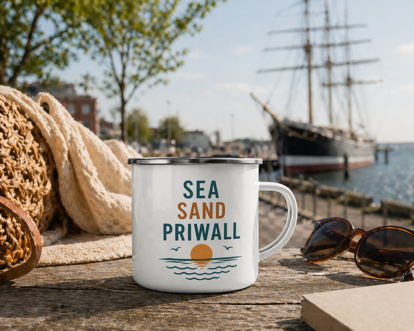 Priwall Vibes Emaille Tasse – Sea Sand Baltic Coast – Camping Becher Ostsee