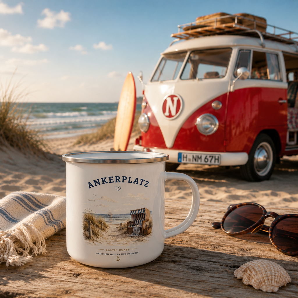 Ankerplatz Camping Tasse – Küstengefühl – Emaille Becher
