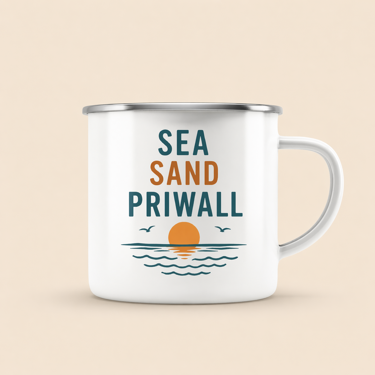 Priwall Vibes Emaille Tasse – Sea Sand Baltic Coast – Camping Becher Ostsee