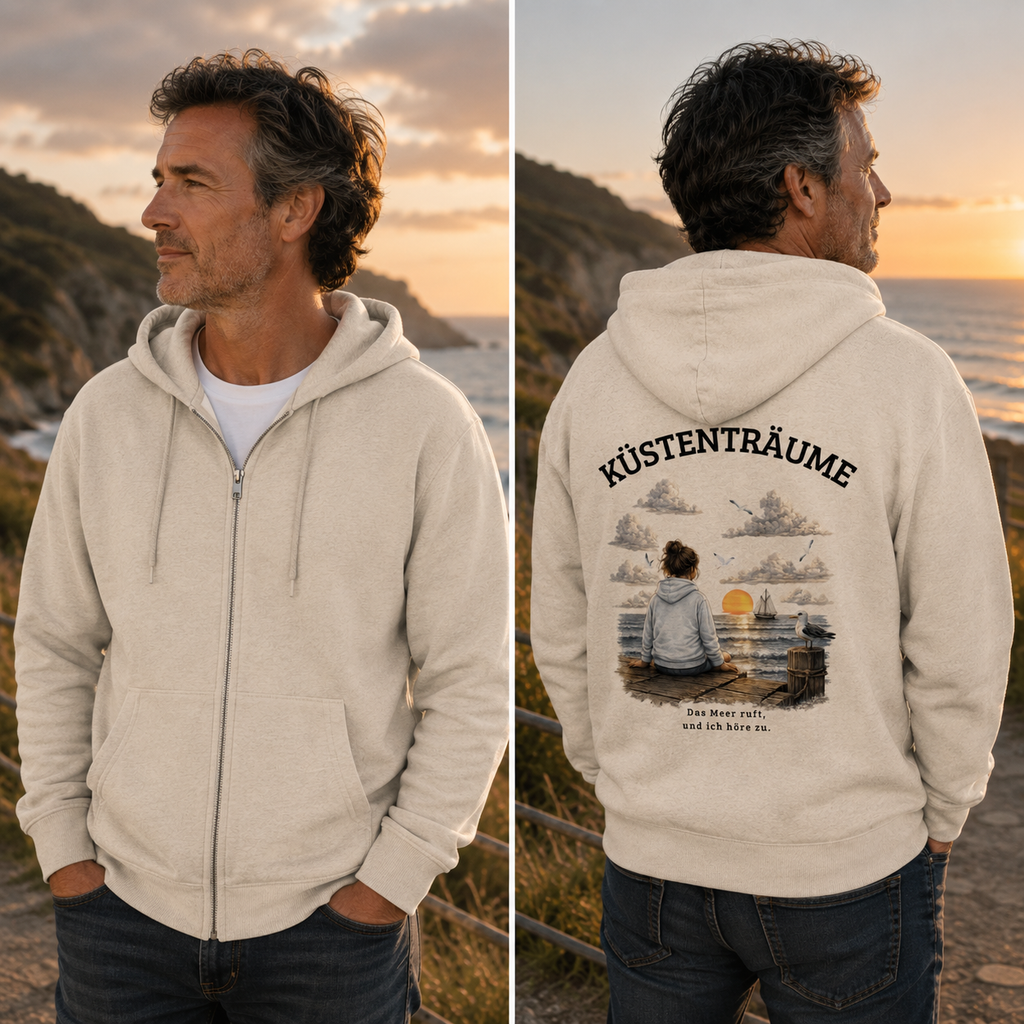 Küstenträume – Bio-Kapuzenjacke mit Küstenmotiv