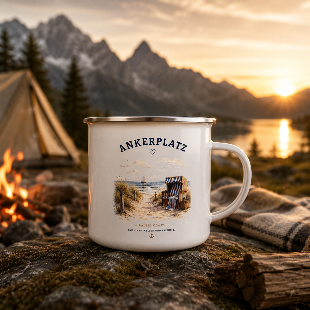 Ankerplatz Camping Tasse – Küstengefühl – Emaille Becher