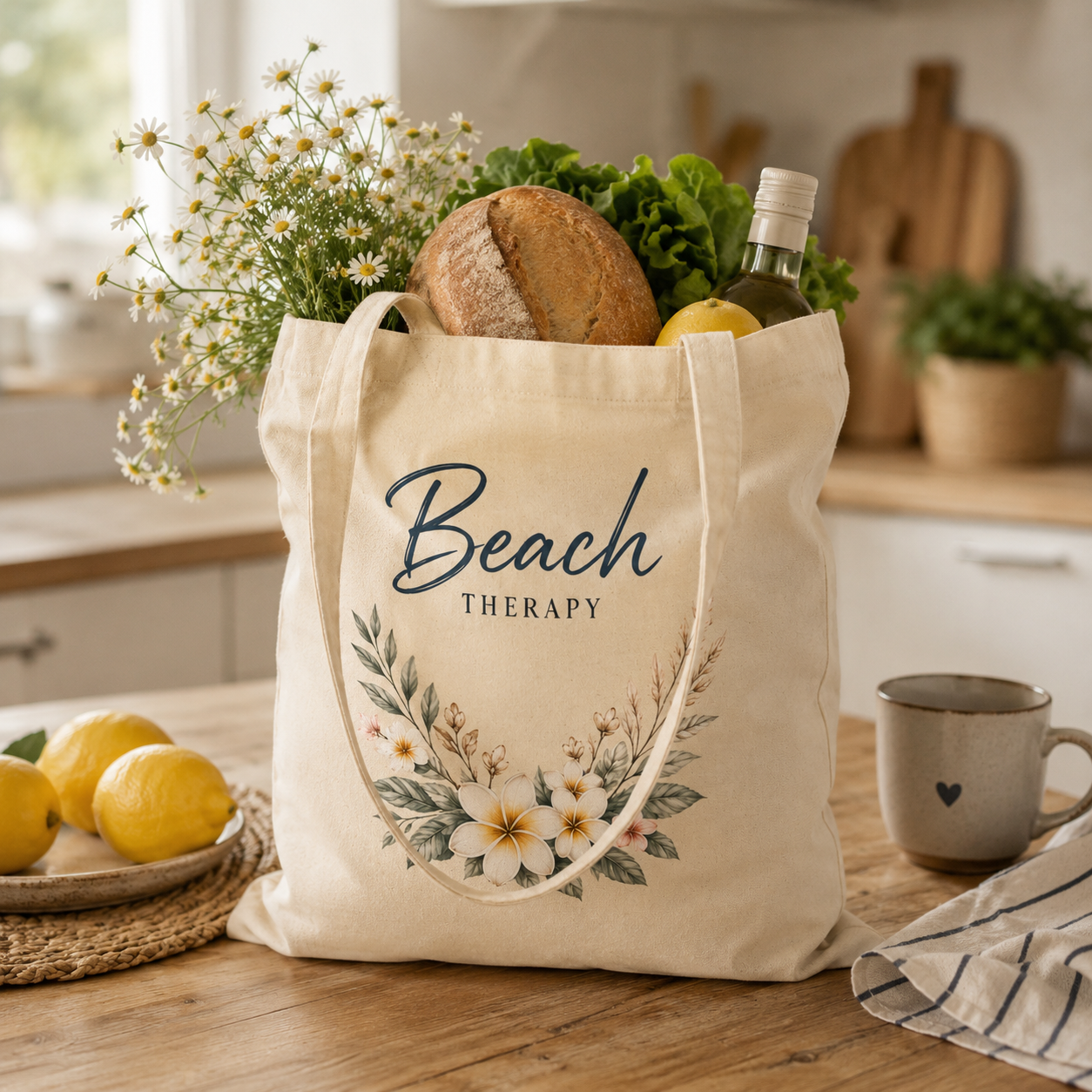 Gut gefüllte Nomavé Stofftasche „Beach Therapy“ mit floralem Design auf einem Küchentisch