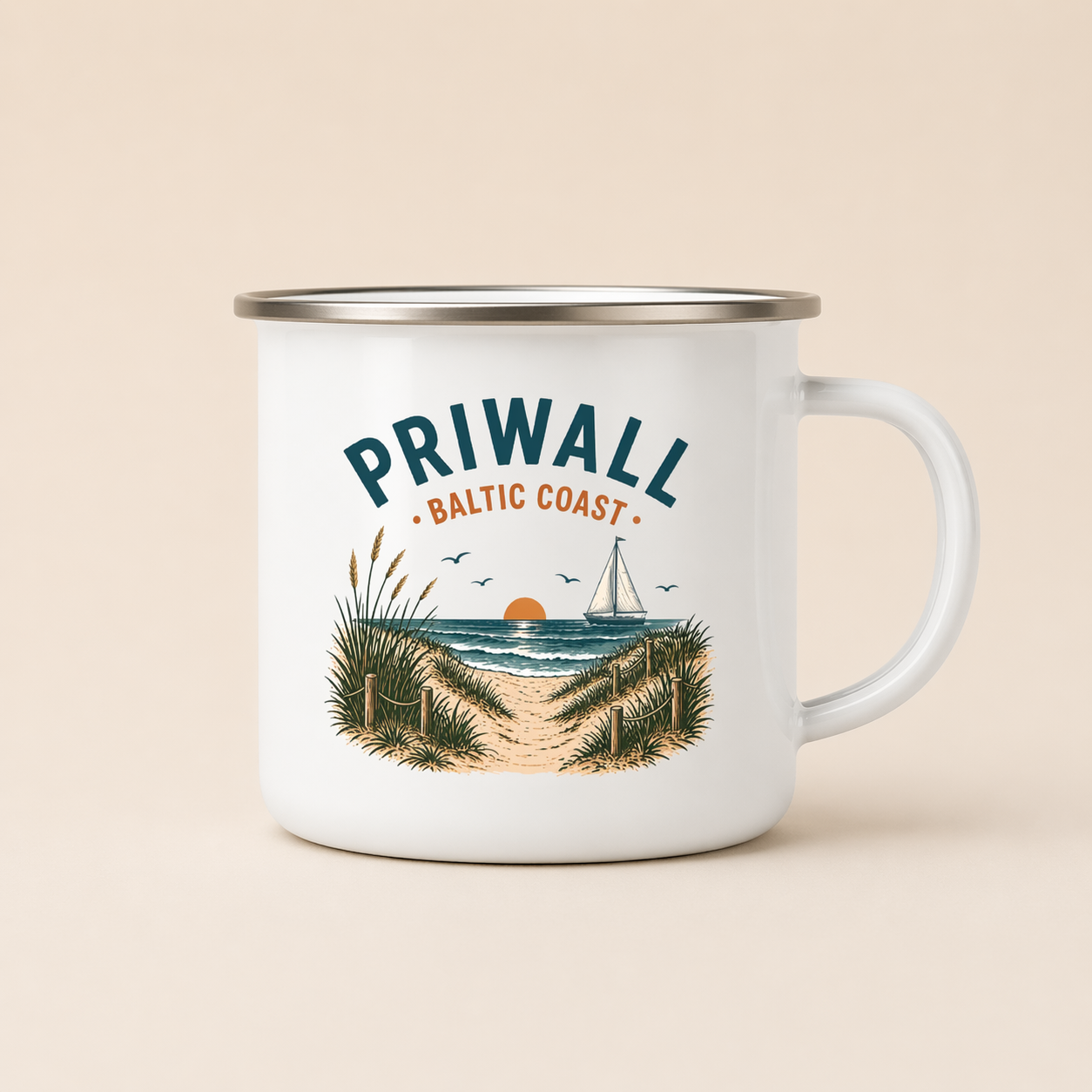 Camping Emaille Tasse – Ostsee Priwall Vibes – Vanlife Becher Baltic Coast