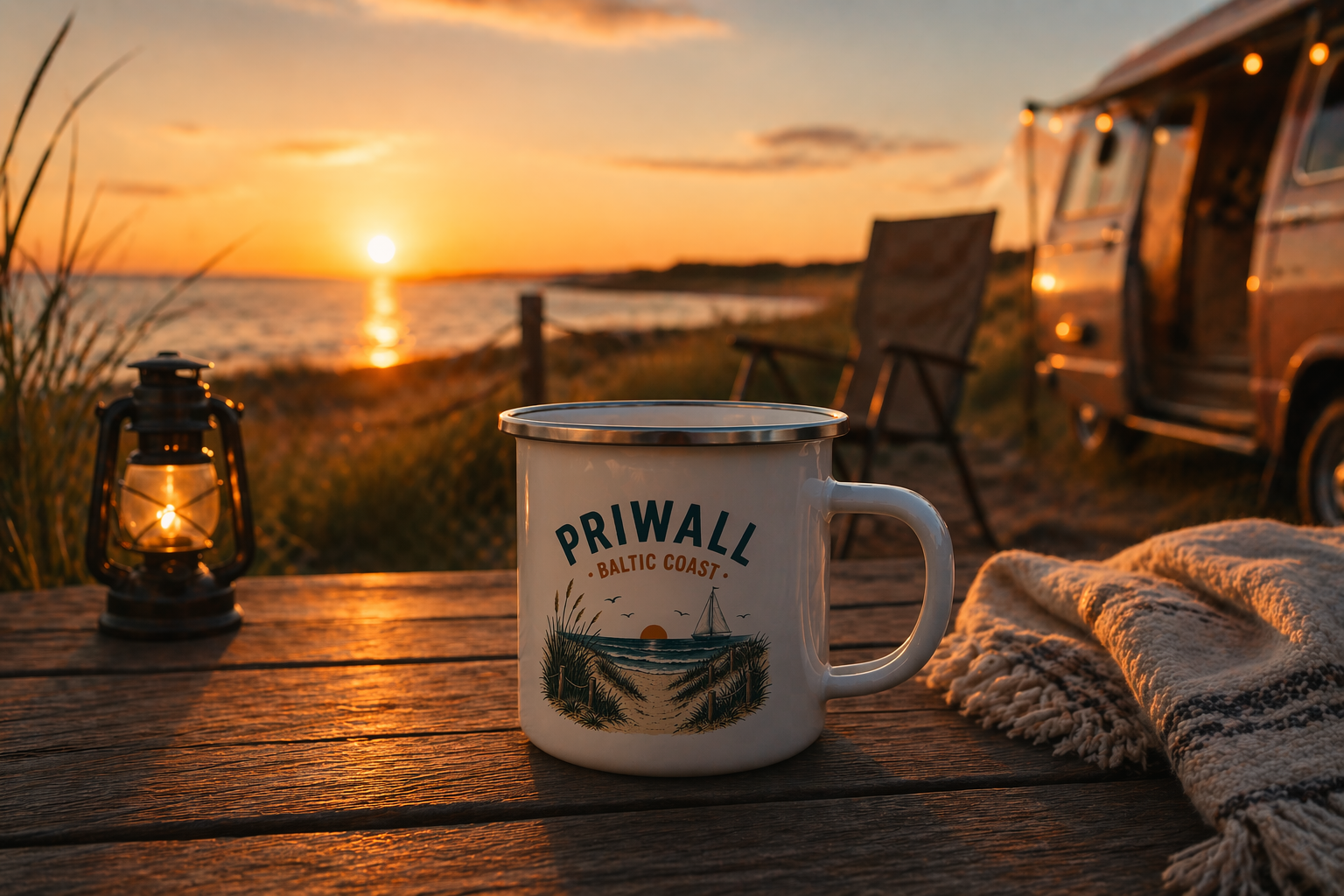 Camping Emaille Tasse – Ostsee Priwall Vibes – Vanlife Becher Baltic Coast
