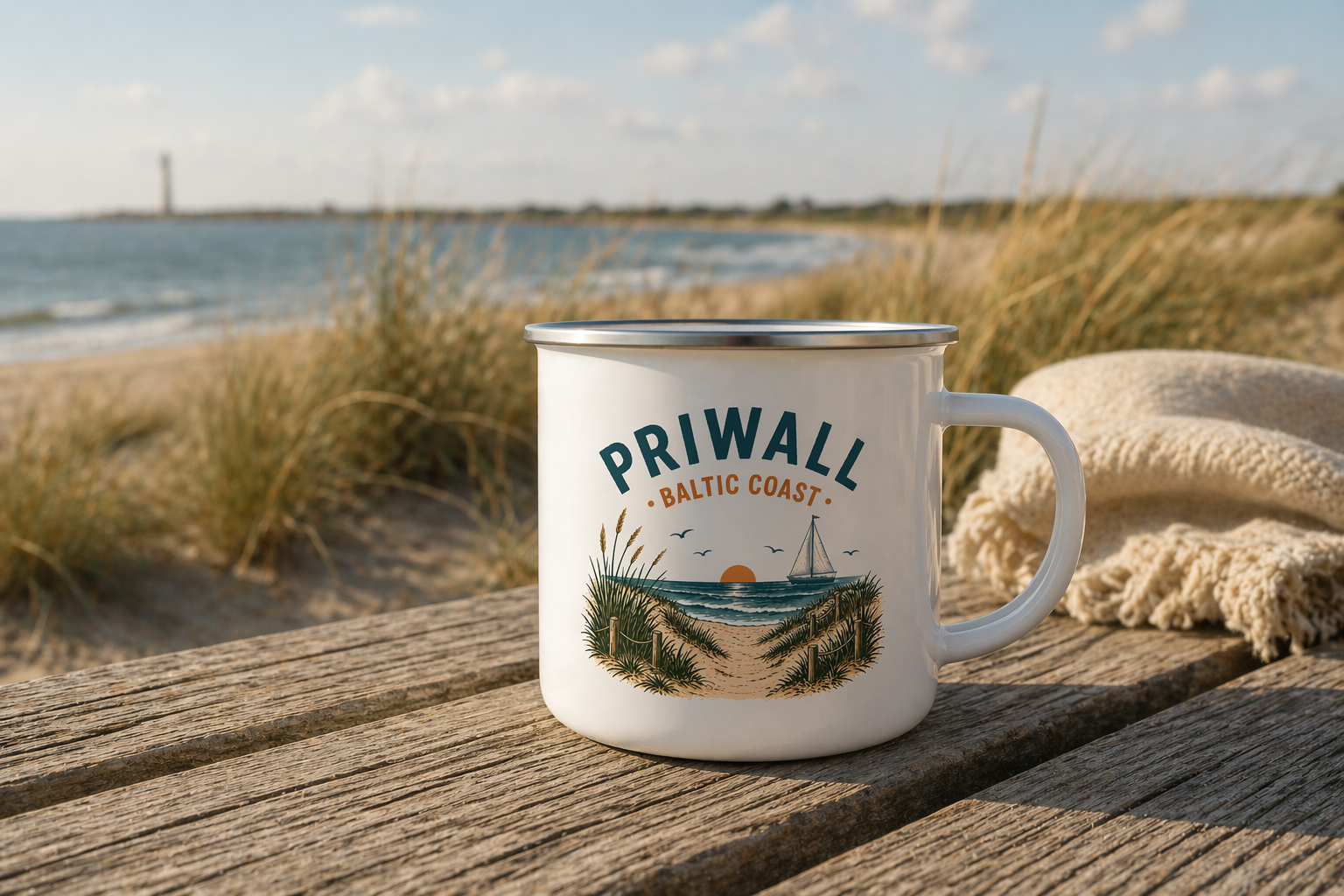 Camping Emaille Tasse – Ostsee Priwall Vibes – Vanlife Becher Baltic Coast