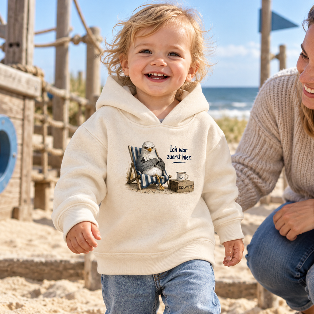 Kleinkind mit naturfarbenem Baby-Hoodie und vorderem Möwenmotiv Ich war zuerst hier am Küstenspielplatz.