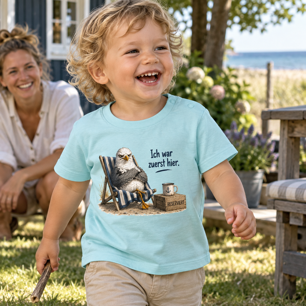 Kleinkind in karibikblauem Baby-T-Shirt mit Schriftzug Ich war zuerst hier und Möwenmotiv im Küstengarten.