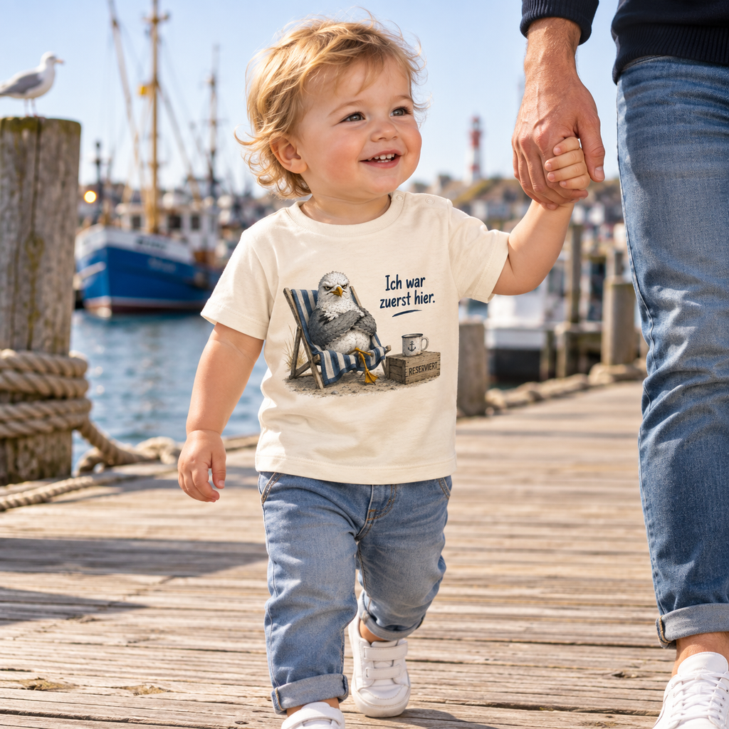Kleinkind im naturfarbenen Baby-T-Shirt mit Möwe Alpha als Frontprint auf einer Hafenpromenade.
