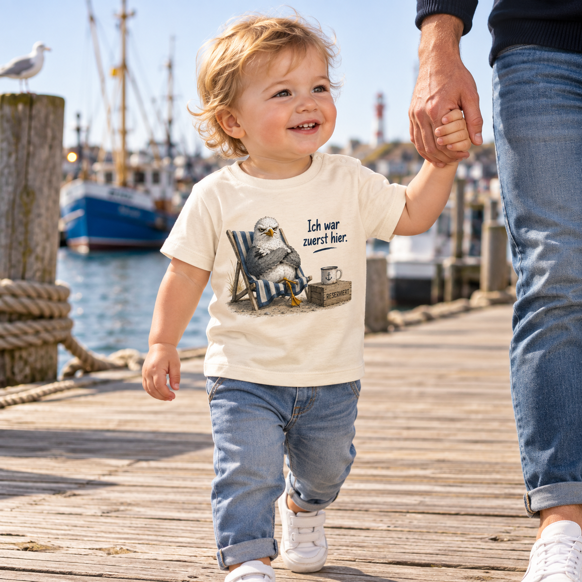 Kleinkind im naturfarbenen Baby-T-Shirt mit Möwe Alpha als Frontprint auf einer Hafenpromenade.