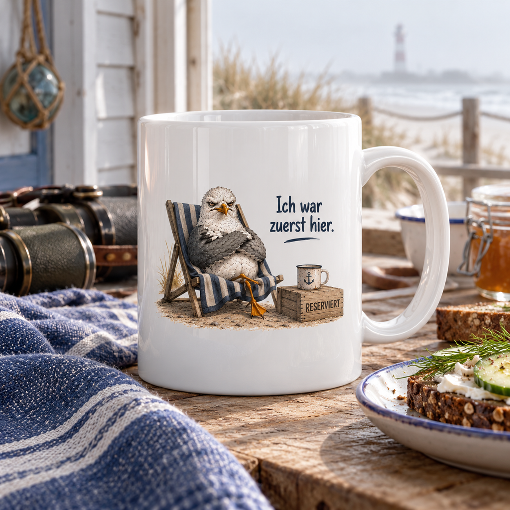 Weiße 330-ml-Tasse mit Möwenmotiv Ich war zuerst hier auf einem Frühstückstisch im Strandhaus.