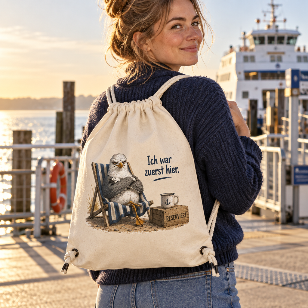 Naturfarbener Zugbeutel mit Möwe Alpha und dem Spruch Ich war zuerst hier, getragen am Fährhafen.