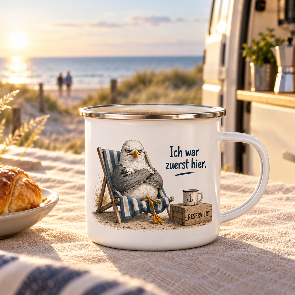 Weiße Emaille-Tasse mit Spruch Ich war zuerst hier beim Camping an der Ostseeküste