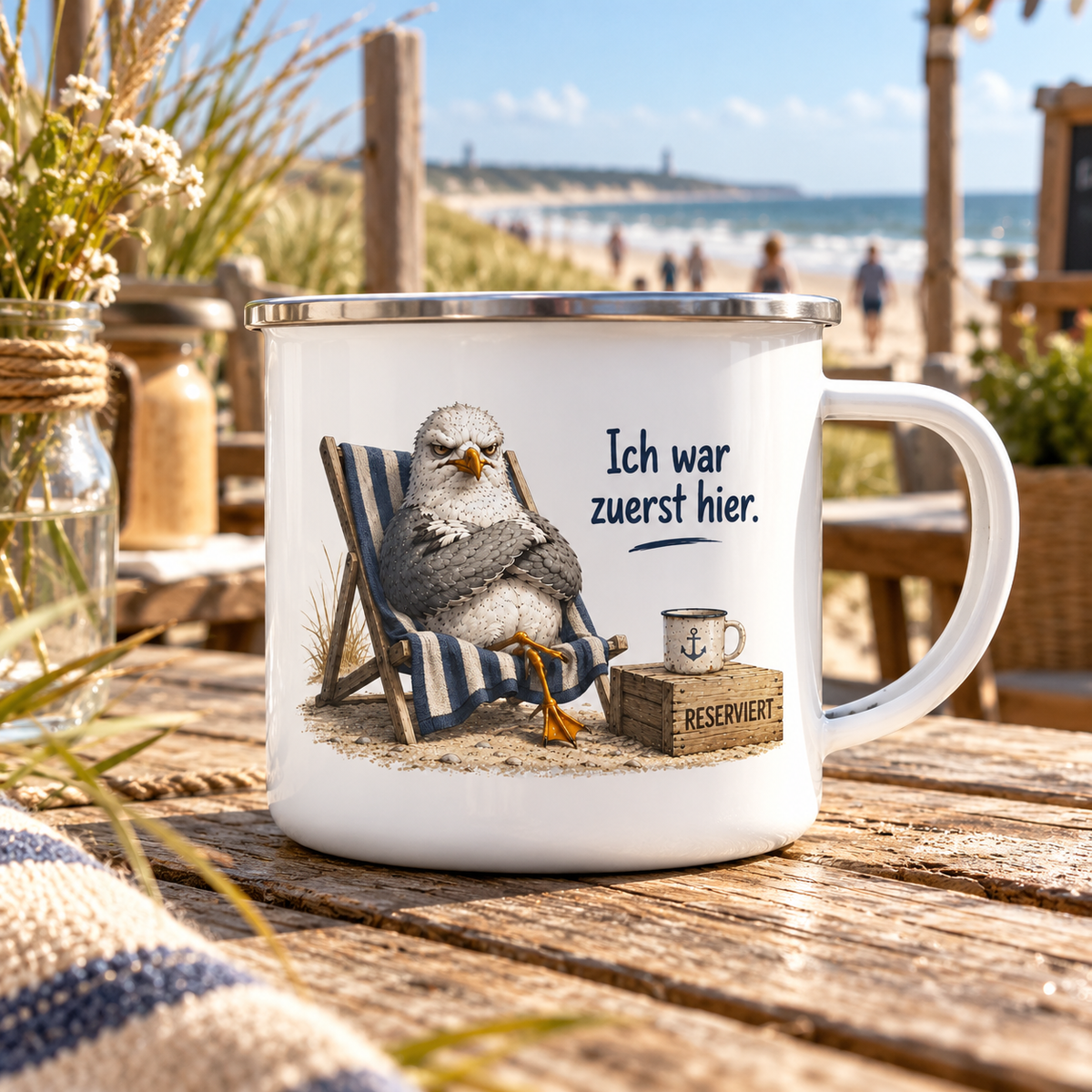 Weiße Emaille-Tasse mit Silberrand und Möwe Alpha auf einem Holztisch im Ostsee-Strandcafé