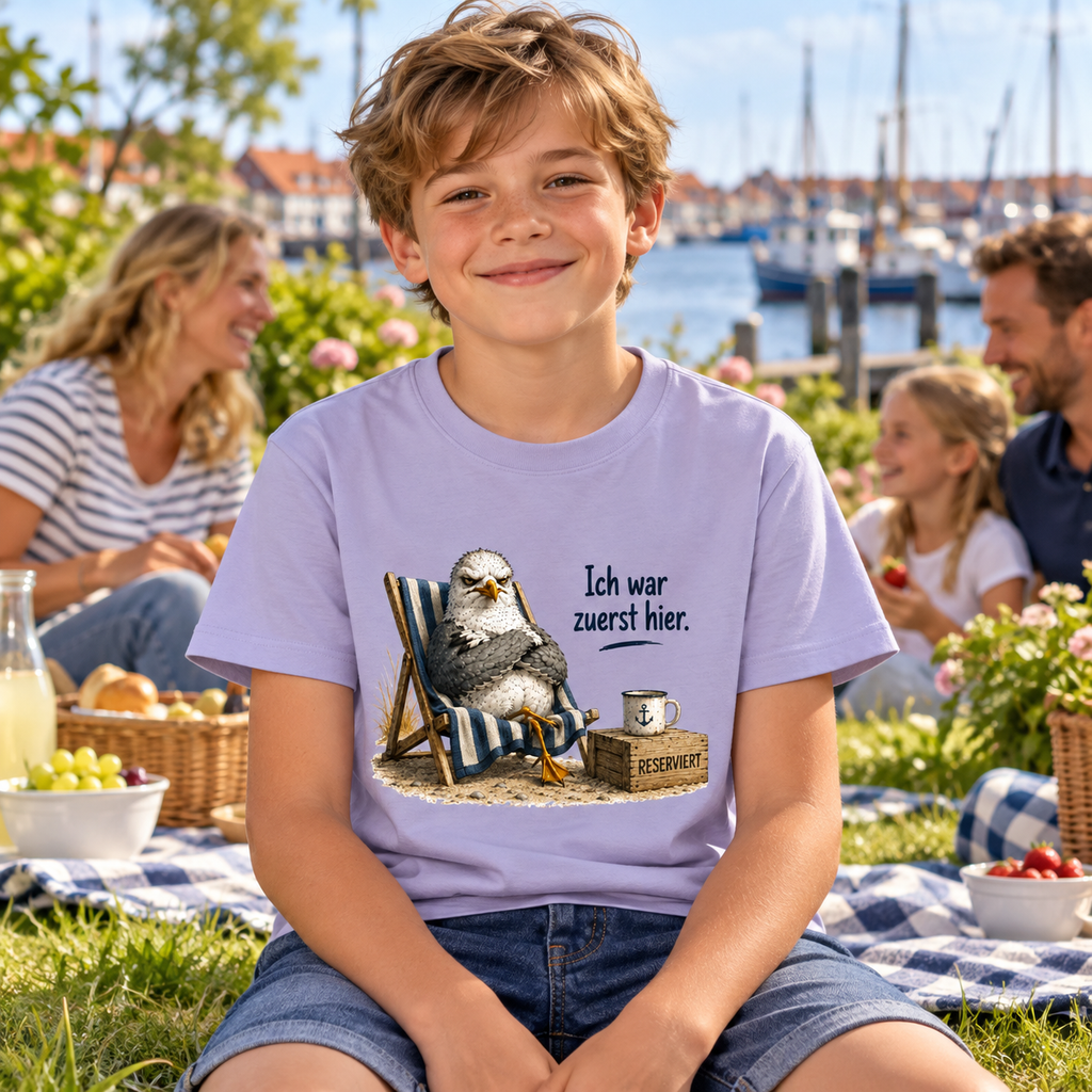 Kind im lavendelfarbenen T-Shirt mit Möwe im Strandstuhl und Spruch Ich war zuerst hier beim Familienpicknick.