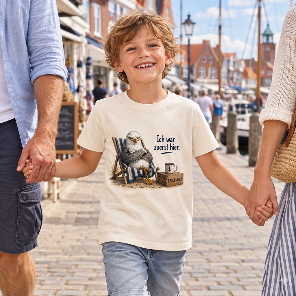 Kind im naturfarbenen Bio-T-Shirt mit Möwe Alpha als Frontprint auf einer Hafenstraße mit Familie.